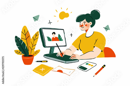 Creative Digital Artistry at Home: Woman Illustrating Using Graphics Tablet in Cozy Workspace