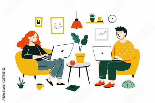 Cozy Home Office Setup with Professionals Collaborating Remotely on Laptops in Modern Living Room