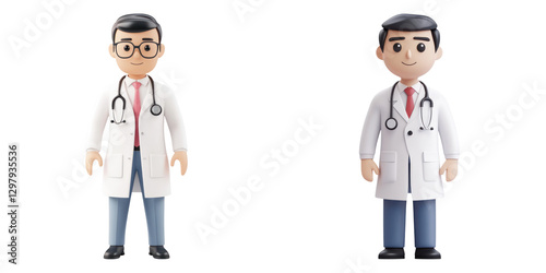Half body doctor characters in white coats with stethoscopes, smiling and professional