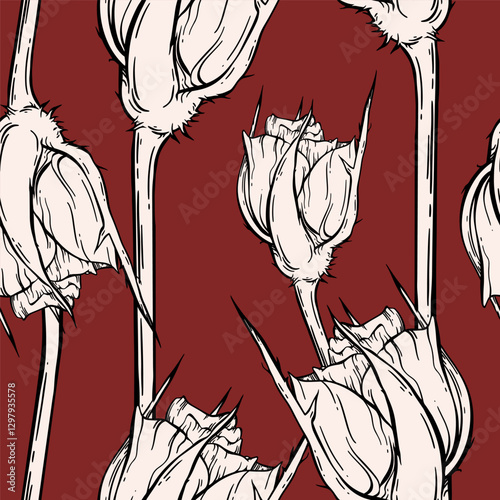 Vintage roses hand drawn vector seamless pattern. Many beautiful blooming outline flowers background. Retro nature print. Linear ink sketch. Bright art for elegant textile, packaging, ad layout design