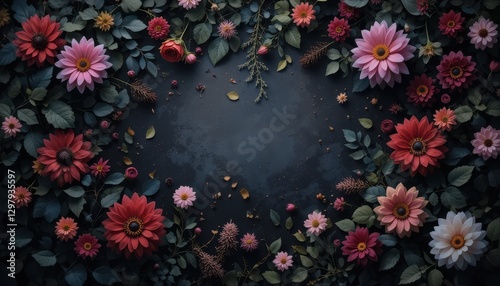 Stunning Dark Background Floral Arrangement featuring Vibrant Paper Flowers and Lush Greenery