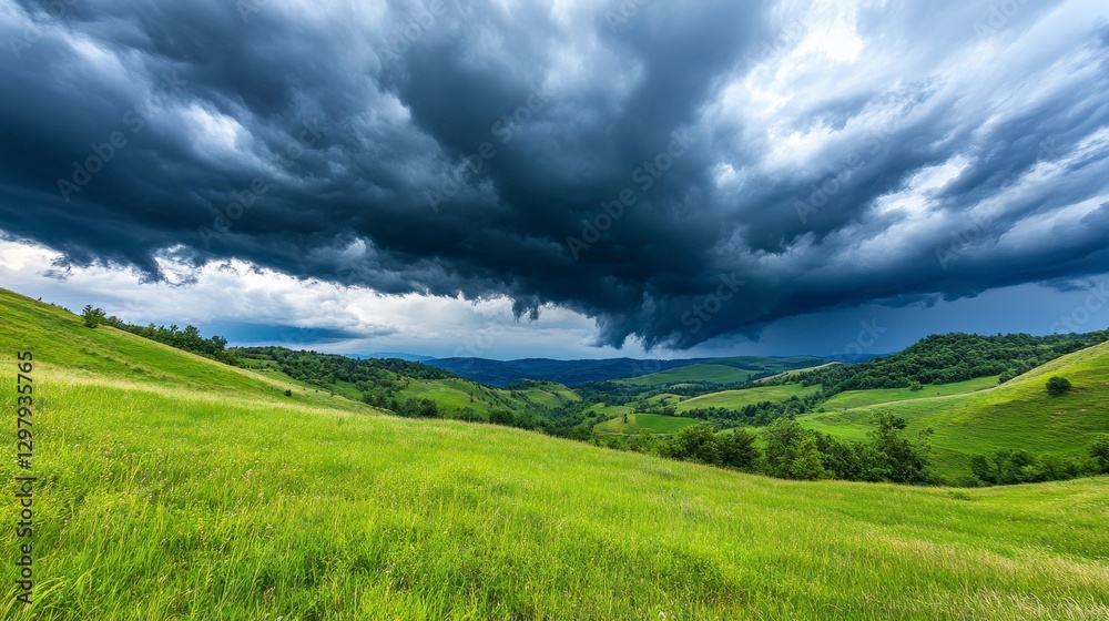 Obraz premium Vast Green Landscape Under Dramatic Dark Clouds Before Storm