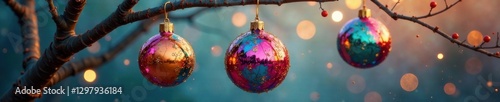 Colorful abstract ornaments hung on a bare tree branch, decorations, winter, branch