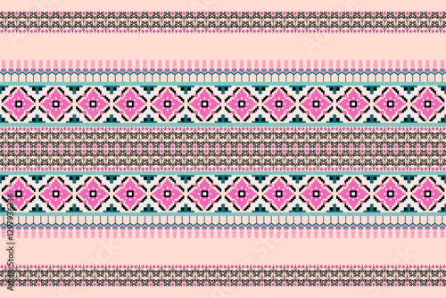 Traditional Folk-Inspired Pixel Art Pattern with Geometric and Floral Motifs in Pink, Black, and Teal – Decorative Seamless Textile Design for Fabric, Wallpaper, and Digital Use