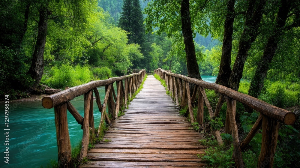 Fototapeta premium A wooden bridge over a pristine river, surrounded by lush greenery in Pahalgam