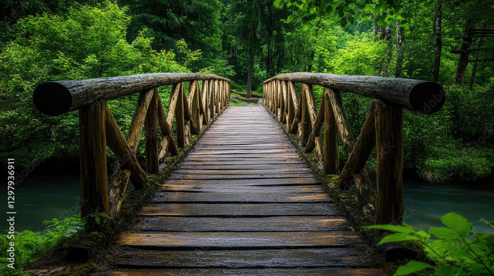 Obraz premium A wooden bridge over a pristine river, surrounded by lush greenery in Pahalgam