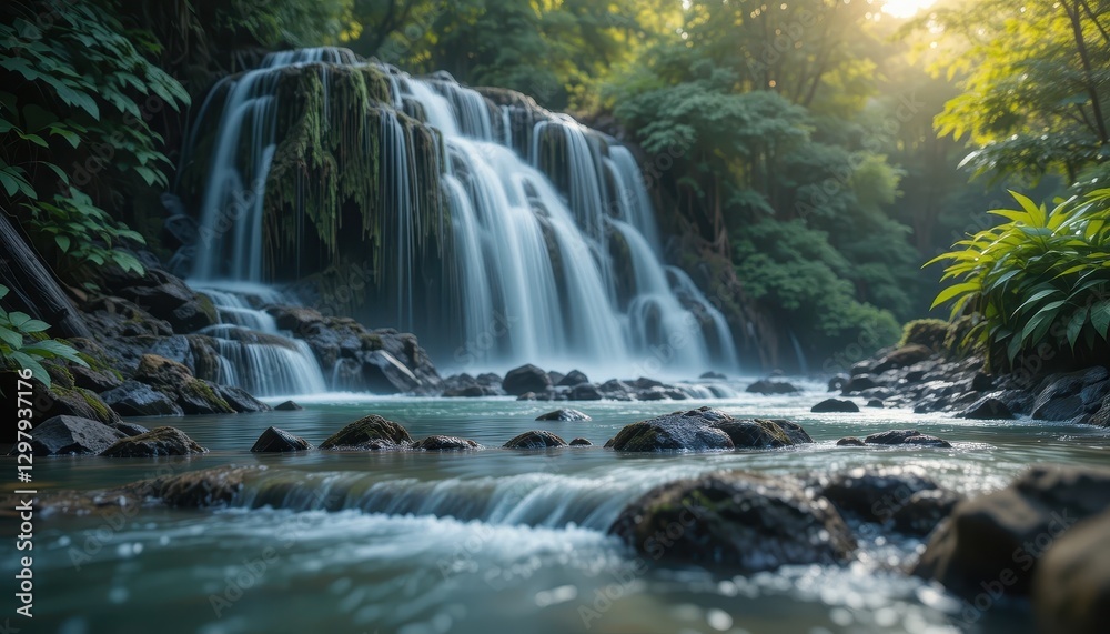 Fototapeta premium Serene Waterfall Cascading Through Lush Tropical Rainforest Landscape at Sunrise