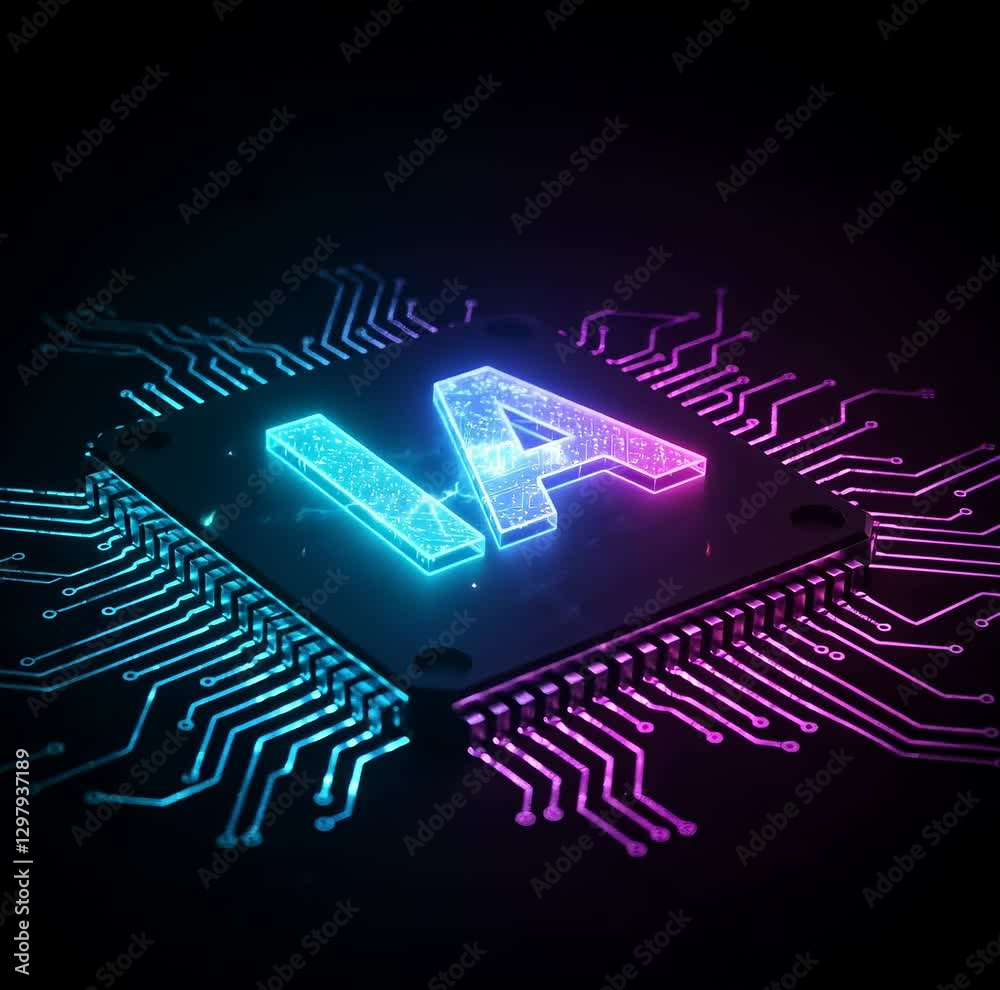 IA Symbole d'icône de circuit électronique sur puce brille et envoie des charges électriques impulsions. Une vidéo carrée au style futuriste. Technologie d’intelligence artificielle
