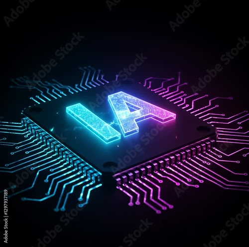 IA Symbole d'icône de circuit électronique sur puce brille et envoie des charges électriques impulsions. Une vidéo carrée au style futuriste. Technologie d’intelligence artificielle