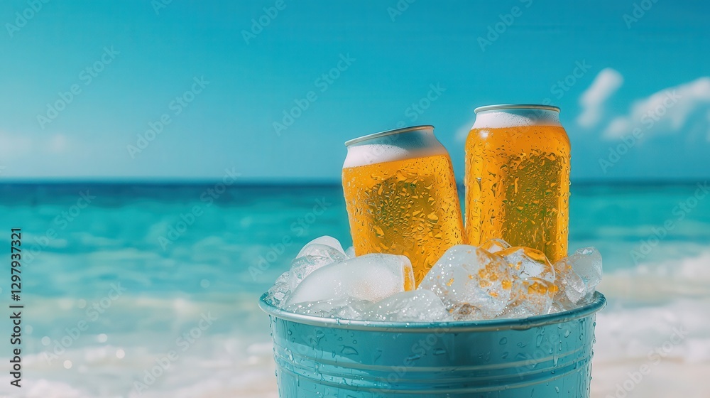 Canned drinks cool in ice bucket on beach sand with ocean and sky background