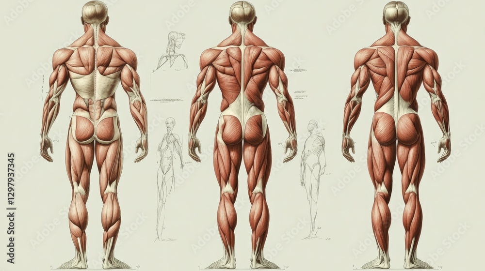 Anatomical illustration of the muscular system with labeled muscles, front and back views. Anatomical illustration of the muscular system with labeled muscles, front and back views.