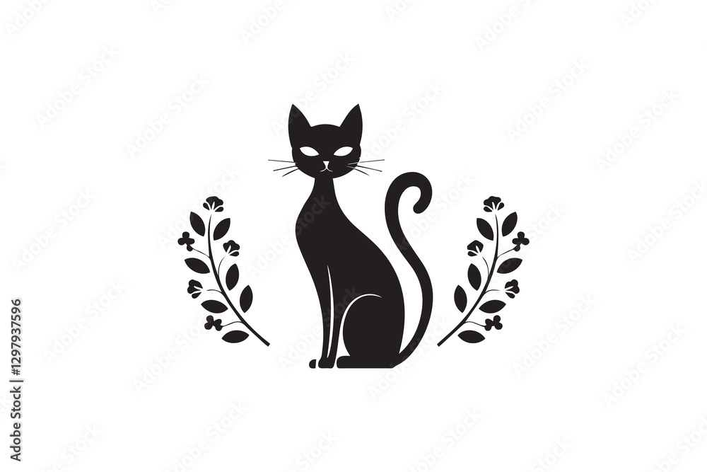 Naklejka premium Black Cat Silhouette with Floral Wreath vector