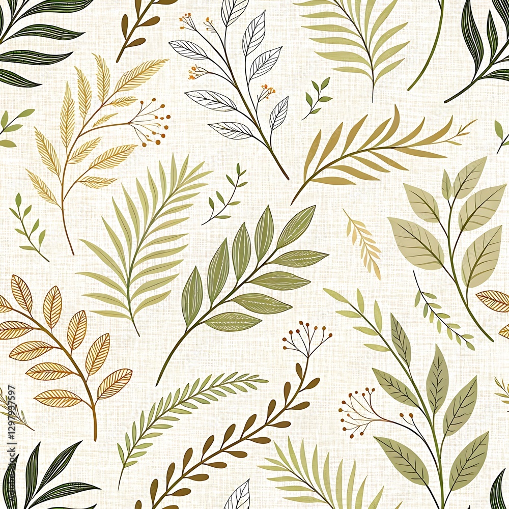 Elegant seamless pattern with green and gold botanical leaves art twig plant image print decor style Elegant seamless pattern with green and gold botanical leaves art twig plant image print decor style