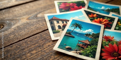Colorful Postcards on a Wooden Table , wooden, gift, collection