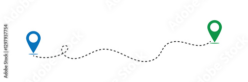 Routes in dashed line trace. Plane route lines of aircraft tracking, location pins, planes, travel, map pins on white background. Vector illustration for infographic, map, track in eps 10.