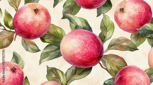 Pink Apples with Leaves in Watercolor Style for Background Design