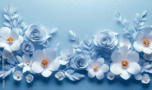 Elegant Blue Paper Flowers Floral Design Pastel Background Art Soft Roses Bloom Craft White Image   