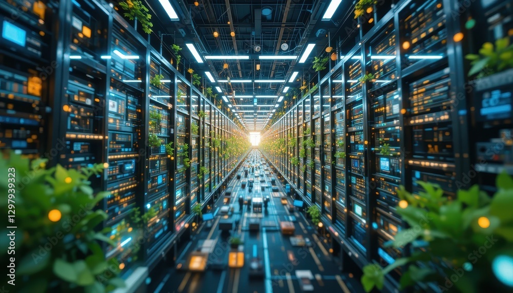 Obraz premium Futuristic Data Center Corridor with Green Plants Sustainable Technology Server Room