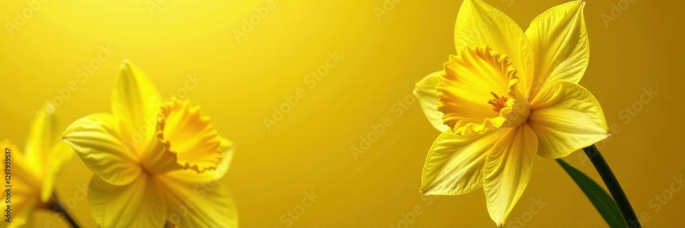 Fototapeta premium Daffodil bloom with shiny yellow leaf gold foil texture, sunshine, petals, flower