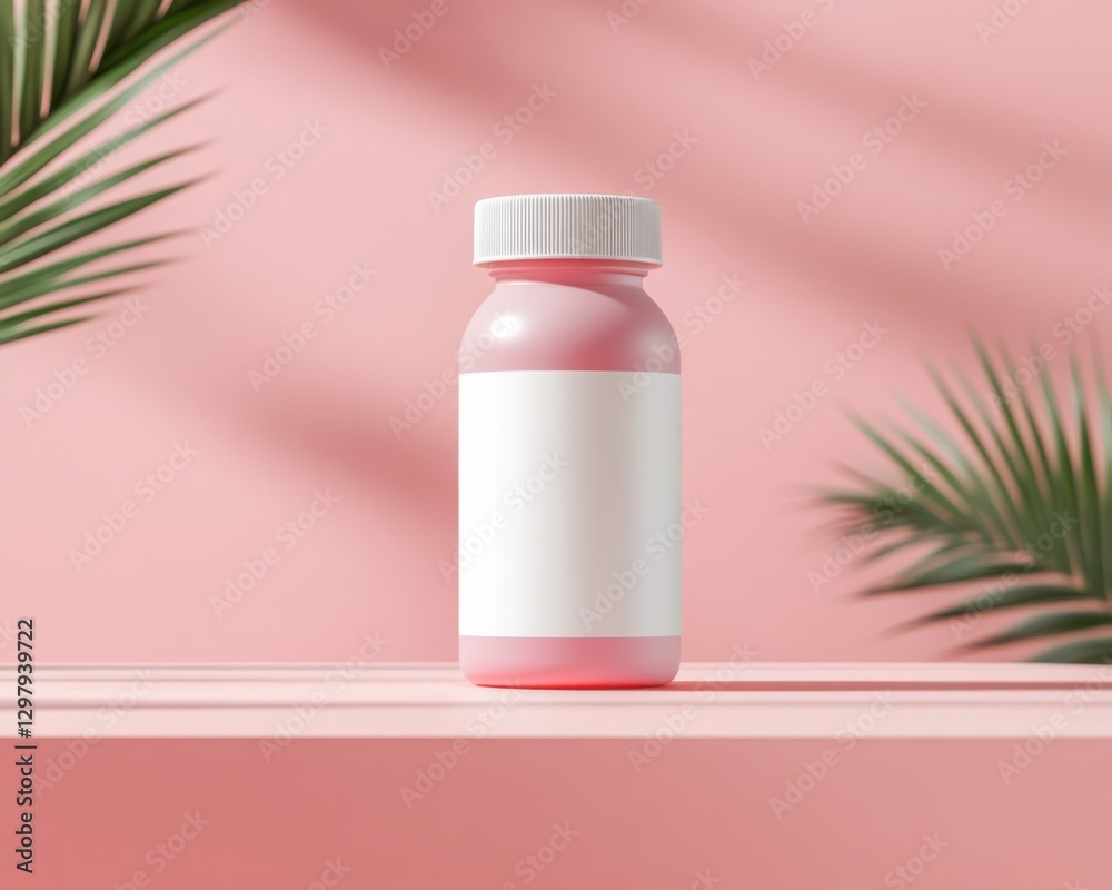 Pink bottle with blank label mockup on pink platform with palm leaves Pink bottle with blank label mockup on pink platform with palm leaves