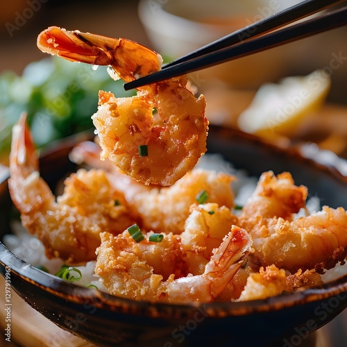 Battered and Crispy Tempura Shrimp Lifted with Chopsticks