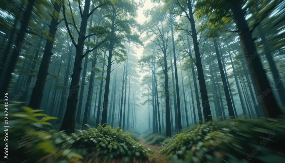 Fototapeta premium Mystical Foggy Forest Path Green Trees Nature Scene Tranquil Walkway Lush Greenery