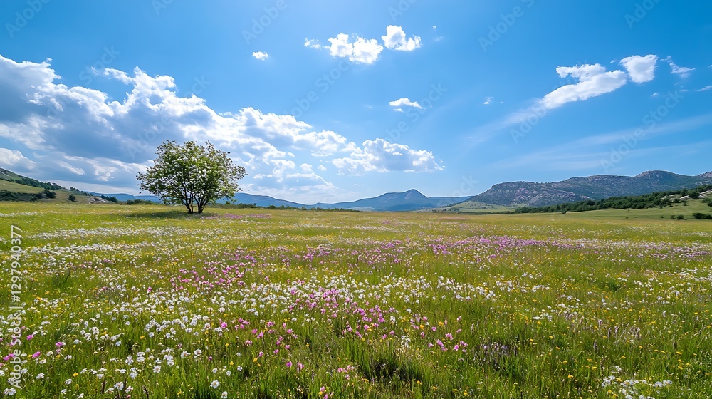 Fototapeta premium A Vast Spring Meadow with Vibrant Green Grass and Blooming Flowers.