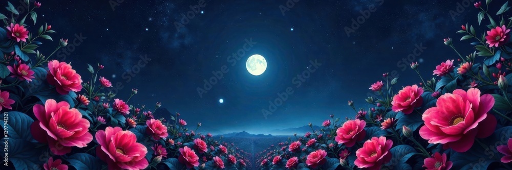 Fototapeta premium Dark florals in a mysterious void with white starlight and circular shapes, flower, dark space, dark floral