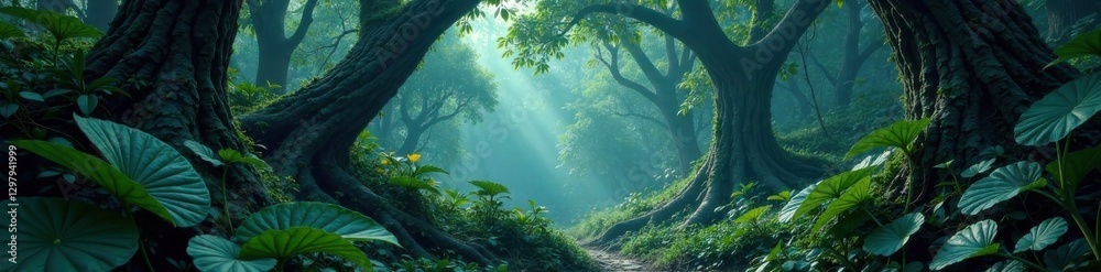 Fototapeta premium Dark forest with exotic leaves and twisted vines, dark forest, mysterious atmosphere, foliage