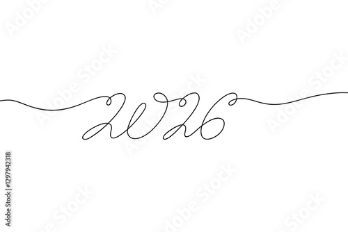 The date 2026 is written manually in capital letters in one continuous line on a white background, vector illustration. Black and white graphic design element, calendar, poster, banner. Next New YearN