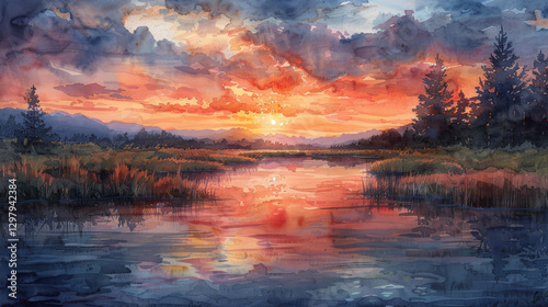 Vibrant Evening River Glow: Colorful Watercolor Sunset Scene
