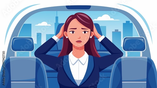 The contrast between the elegant setting of a car's backseat and the businesswoman's pained expression highlights the debilitating effects of a severe headache.