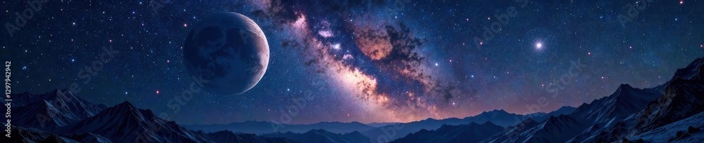 Naklejka premium Dark majestic starry night with planets and constellations, galaxies, constellations, planets