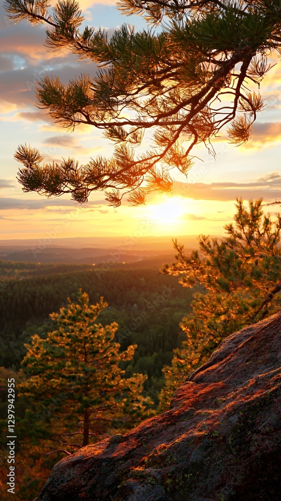 Naklejka premium Golden Hour Sunset Over Autumn Forest Viewed From Rocky Outcrop