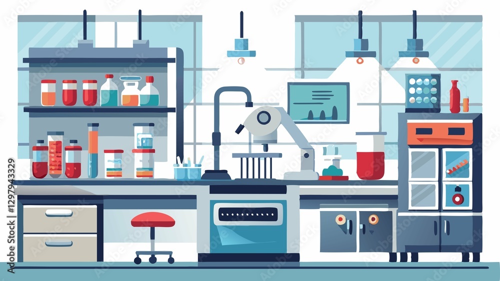 Obraz premium A detailed close-up of a sterile laboratory workspace showcases the carefully organized equipment and spotless surfaces, offering a visually compelling and informative image suitable for scientific p