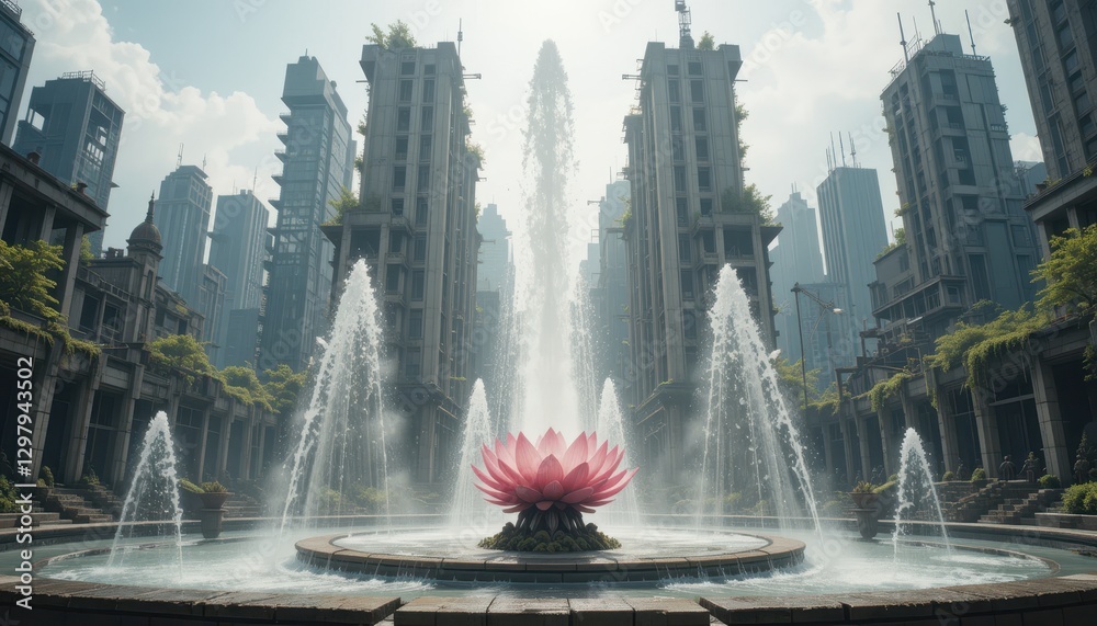 Obraz premium Serene Pink Lotus Fountain in Futuristic Cityscape with Tall Buildings and Lush Greenery
