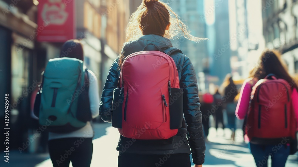 Fototapeta premium Durable anti-theft backpacks with hidden compartments, showcased in a vibrant urban travel setting