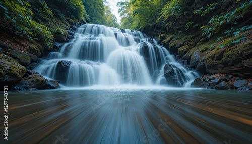 Serene Waterfall Cascading Through Lush Forest Landscape A Stunning Nature Scene