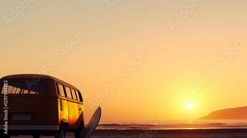 Golden Hour Sunset Scene Of A Yellow Van And Surfboard On A Sandy Beach With Calm Ocean Waves