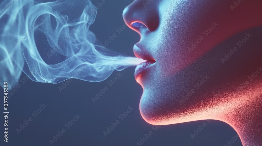 Close-up of nose and mouth inhaling vapor, breath visualization, respiratory health concept Close-up of nose and mouth inhaling vapor, breath visualization, respiratory health concept