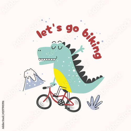 Cute dinosaur riding a bike. Vector Illustration for kindergarten background, kids poster decoration, book cover, apparel and others