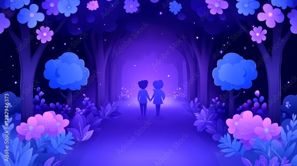 Obraz premium Pixelated lovers walking through a magical forest at night with glowing flowers and ethereal atmosphere perfect for digital design projects