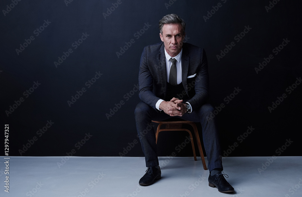 Portrait, mature and businessman in studio for fashion, corporate project and attorney for law firm. Mockup space, male person and lawyer with legal aid for justice, court case and dark background Portrait, mature and businessman in studio for fashion, corporate project and attorney for law firm. Mockup space, male person and lawyer with legal aid for justice, court case and dark background