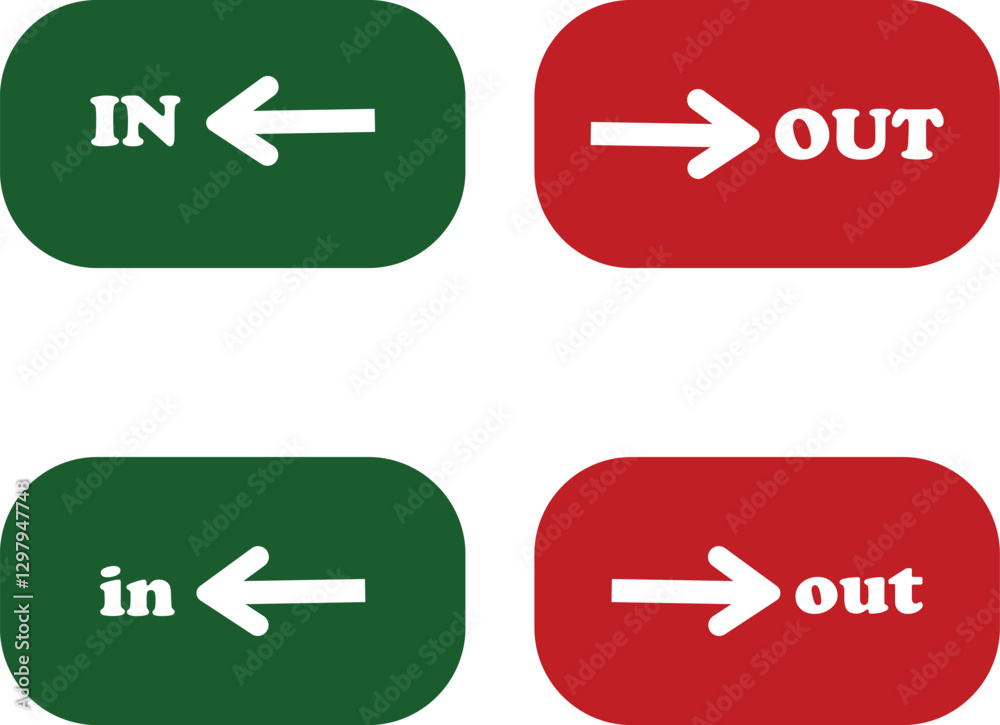 IN OUT arrow icons set. Simple arrow big vector collection isolated on transparent background. Red or green street sign with flat arrow pointing right and left signboard on road for pointing direction IN OUT arrow icons set. Simple arrow big vector collection isolated on transparent background. Red or green street sign with flat arrow pointing right and left signboard on road for pointing direction
