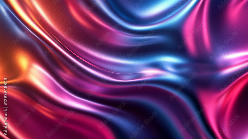 An abstract, bold, and colorful holographic background featuring a liquid blob shape. The iridescent melted substance creates a striking contrast against the black backdrop with chrome-like drops
