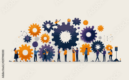 Business Teamwork Concept: Flat Style Abstract Vector Illustration of Diverse Team Building Work Process with Gears