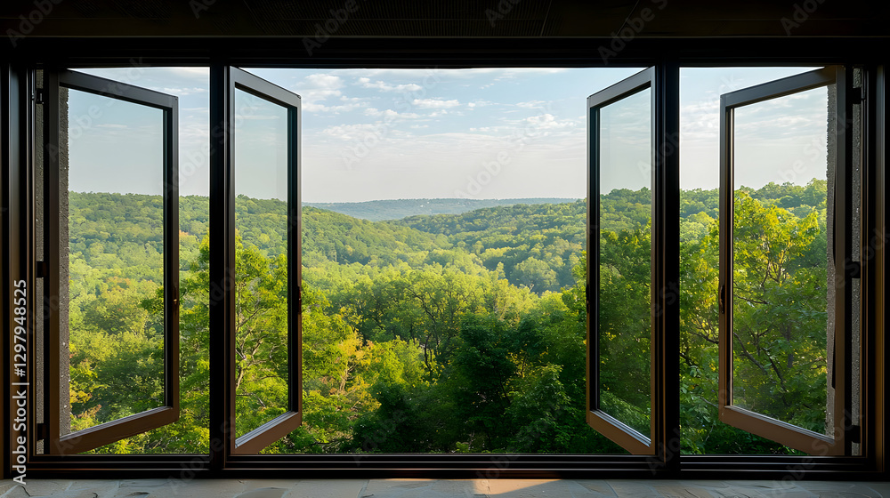 Naklejka premium Open Window Frame Revealing Expansive Green Forest Landscape Under Blue Sky