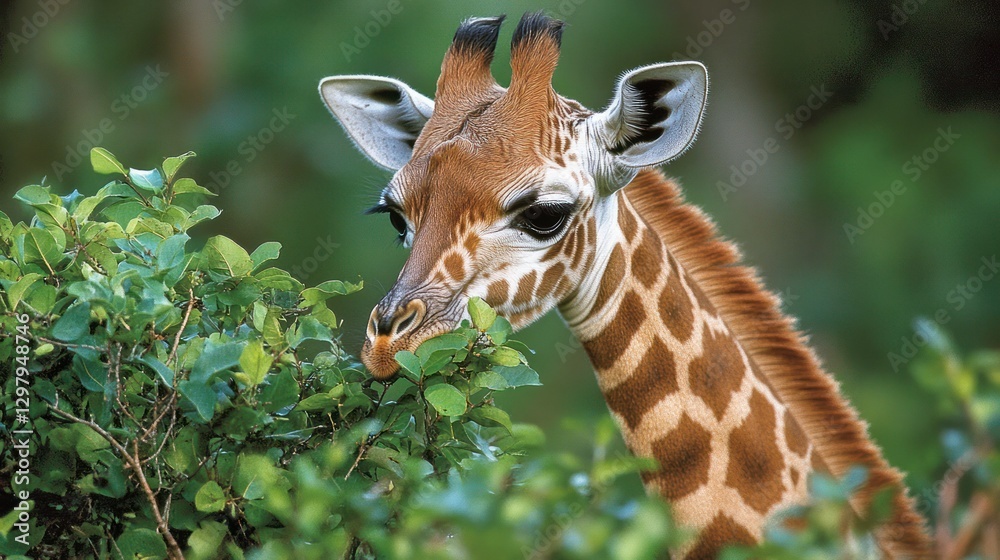 Obraz premium Young giraffe eating leaves in lush green foliage.