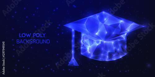 Futuristic Low Poly Digital Wireframe Illustration of French Fries in a Container with Neon Blue Glowing Polygonal Connections on a Dark Abstract Background