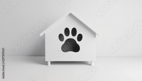 Minimalist white doghouse with paw print on clean background